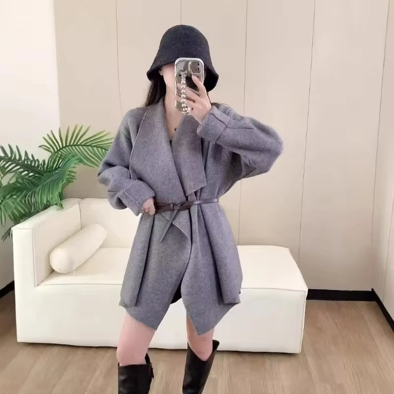 2025 Korean Lazy Premium Lapel Sweater Women's Winter New Gray Waist Knitted Cardigan Top
