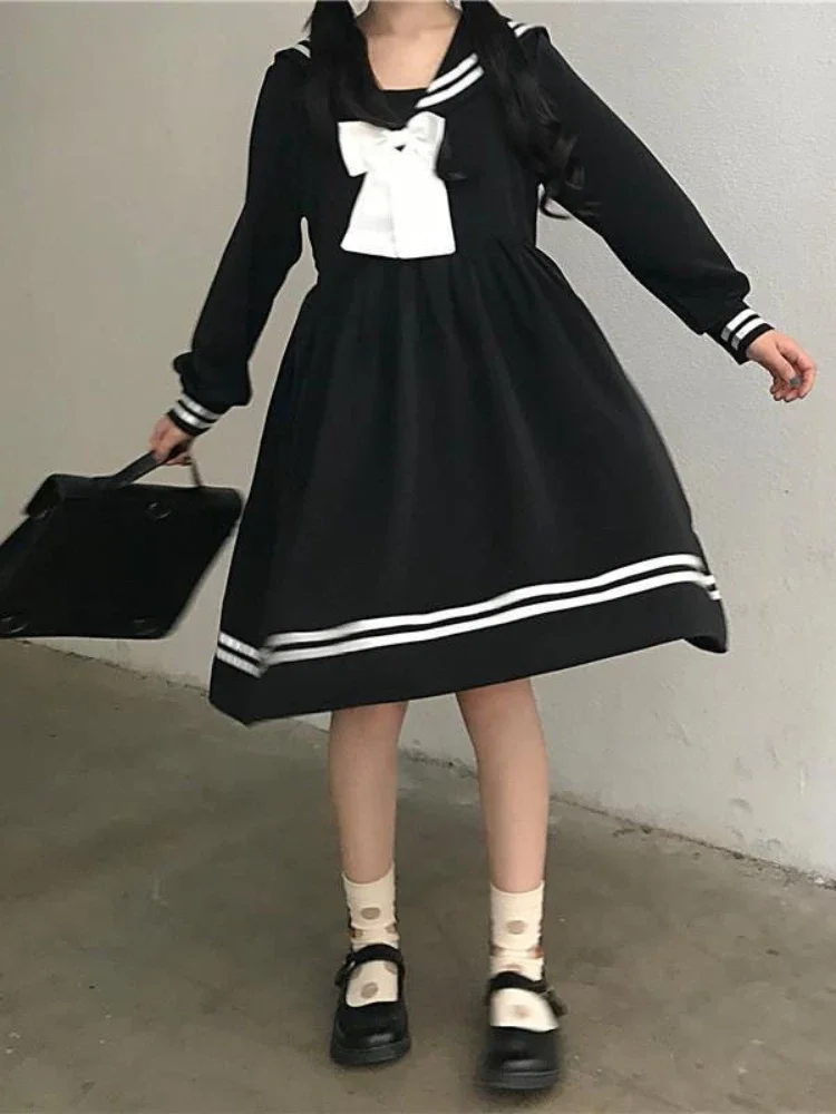 

Moon Girl Black Lolita Dress Women Bow Patchwork Loose Lolita Dress Japanese Preppy Style Sailor Collar Kawaii Long Sleeve Dress