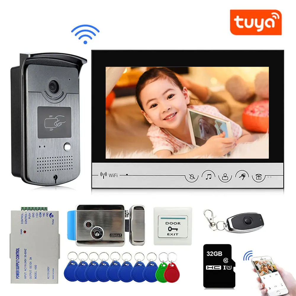 9 Inch Tuya Wifi Smart Video Door Phone Intercom System With 1Monitor and Doorbell Camera and 1 Lock Set Phone APP Unlock