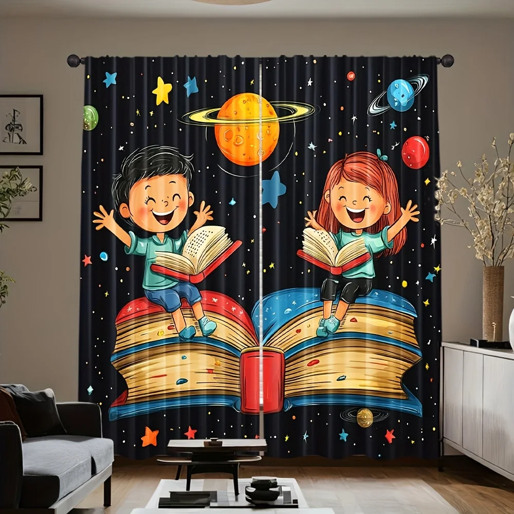 3D Kids Reading Books in Space Blackout Curtains -Cartoon Boy and Girl on Giant Books with Planets and Stars Print Window Drapes