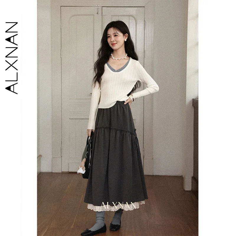 ALXNAN Gray Skirt Women High Waist Long A-line Lace Stitching Skirts 2026 Autumn New Elastic Waist Casual Loose-fit Skirt L57220