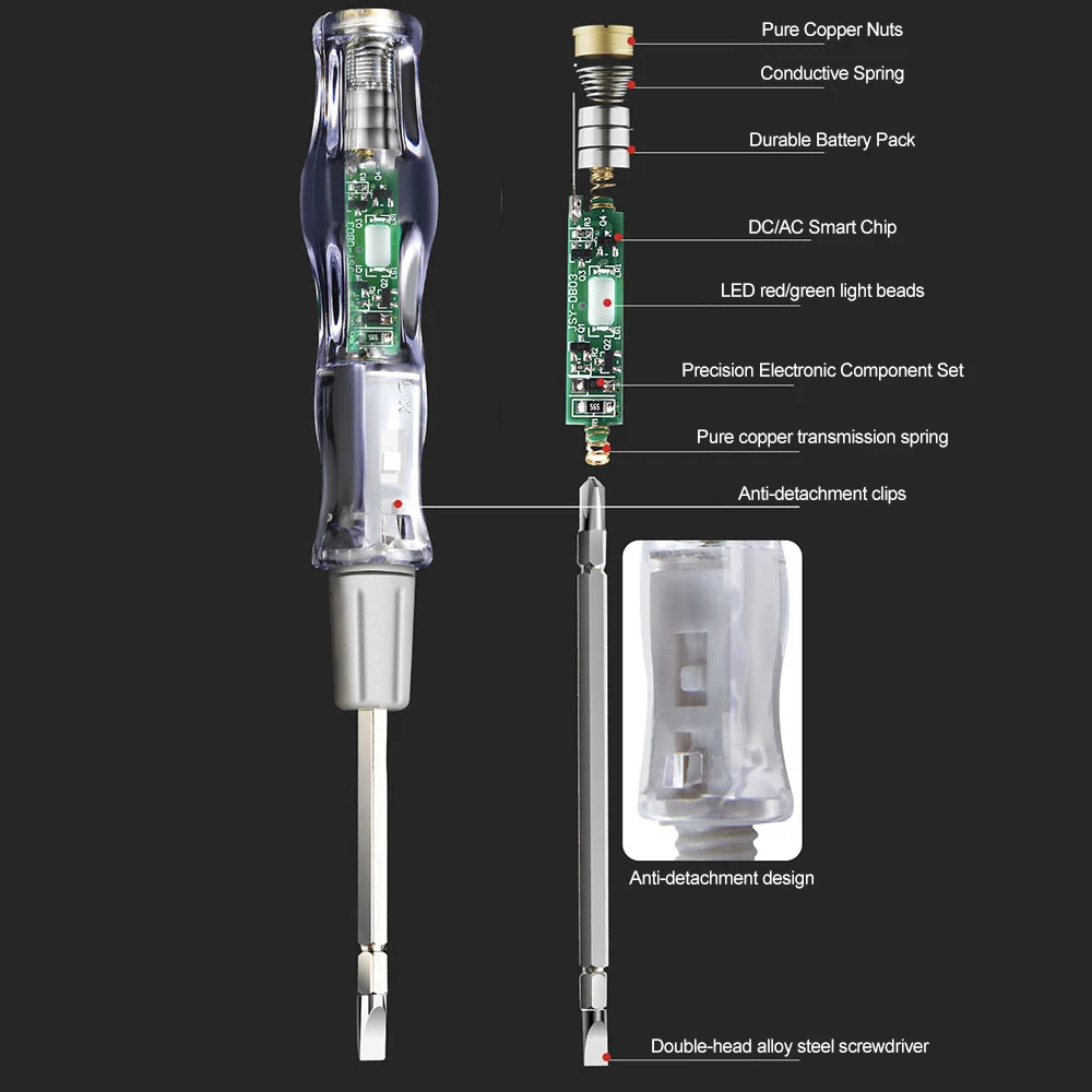 AC24-250V Intelligent Voltage Tester Pen Induction Power Detector 3.5mm Dual Head Slot Screwdriver LED Circuit Indicator w/ Beep