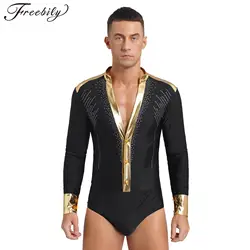 Men Latin Dance Leotard Long Sleeve Metallic Rhinestones Bodysuit Figure Skating Ballroom Dancing Cha-cha Tango Rumba Dancewear
