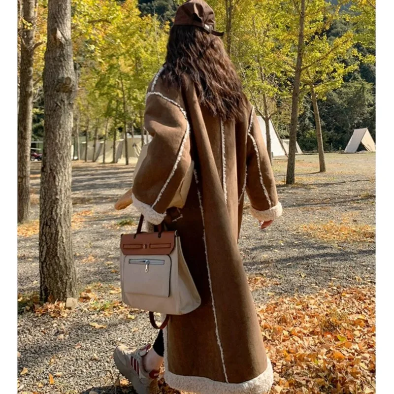 Winter Vintage Suede Lamb Double-faced Fur Coat Brown Women Stand Collar Full Sleeve Below Knee Furry Warm Long Jacket Outerwear