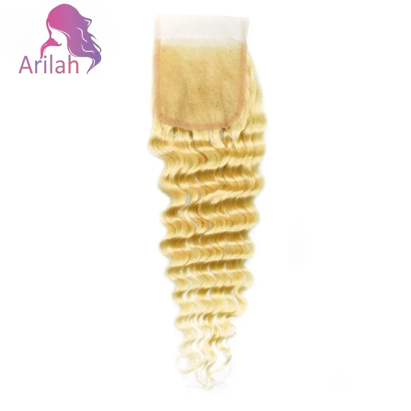 613 Блондинка, глубокая волна, 4x4, кружевная застежка, 10-22 дюйма, плотность 150%, полный конец, предварительно счастная часть, бразильские девственные волосы, предварительно выщипанные