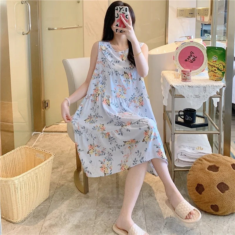 

Lightweight Summer Print Sleepwear Artificial Cotton Silk Home Clothes Large Size Sleeveless Long Dress Style Women's Nightgown