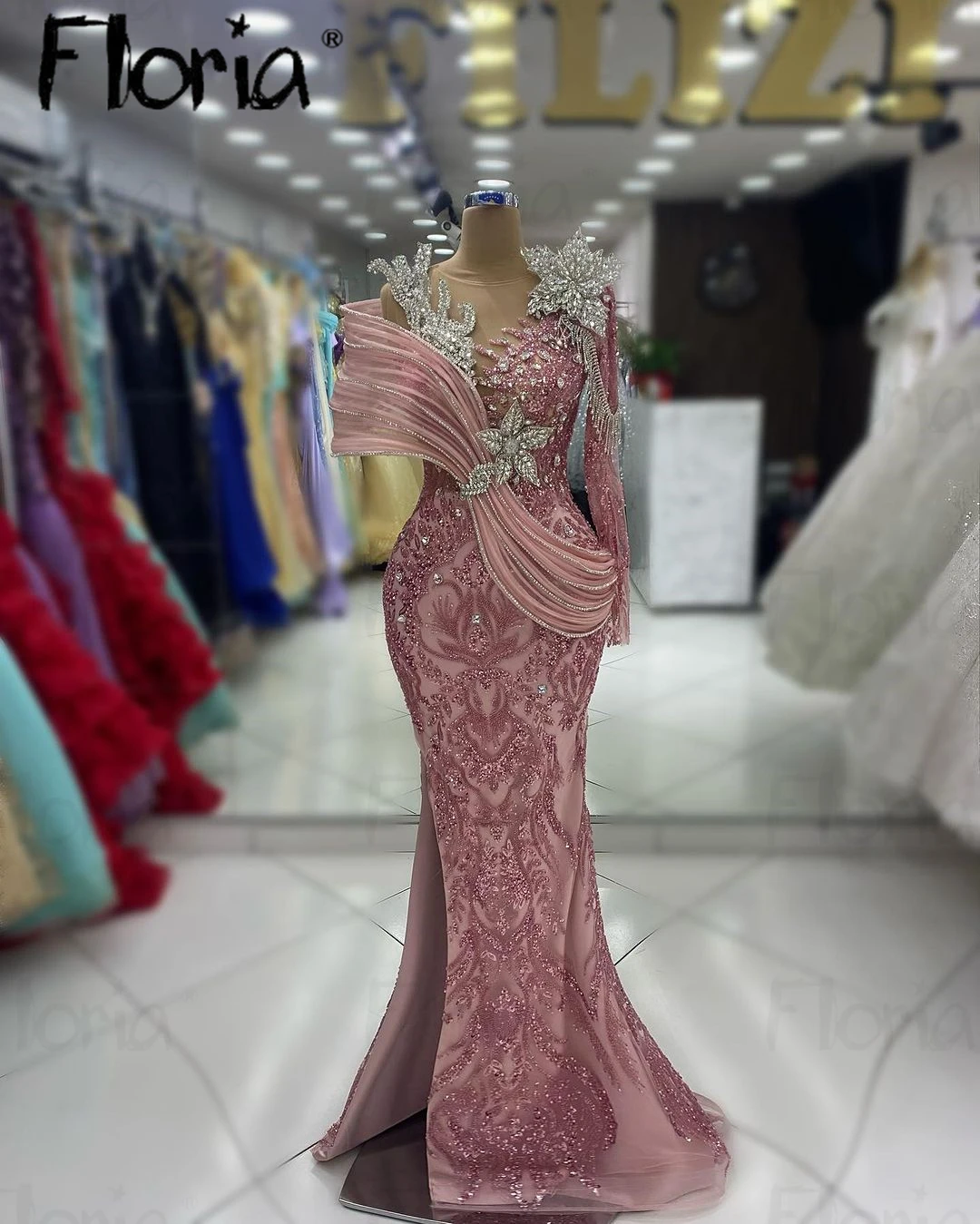 Floria Blush Pink Wedding Party Dress Luxury Ruffles Prom Dresses Long Sleeve Arabic Formal Occasion Dress Customzied Gala Gown