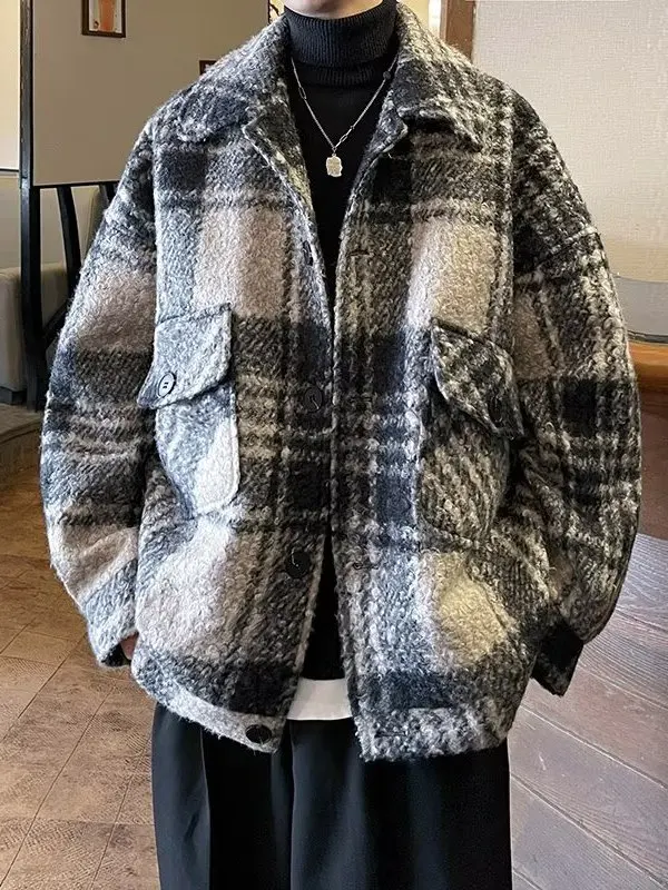 

Утепленное шерстяное клетчатое пальто для мужчин: повседневное, свободного кроя, осенне-зимнее, модное, в американском ретро-стиле