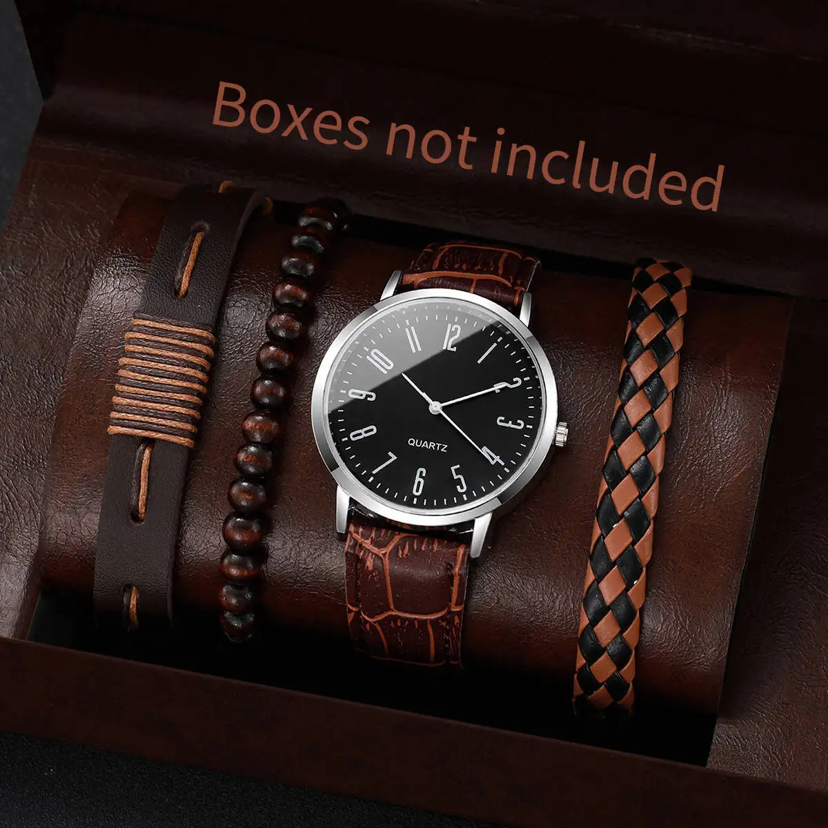 4/5PCS 패션 남자 시계 팔찌 세트 캐주얼 가죽 스트랩 비즈니스 쿼츠 시계 남자 시계 Reloj Hombre (상자 없음)