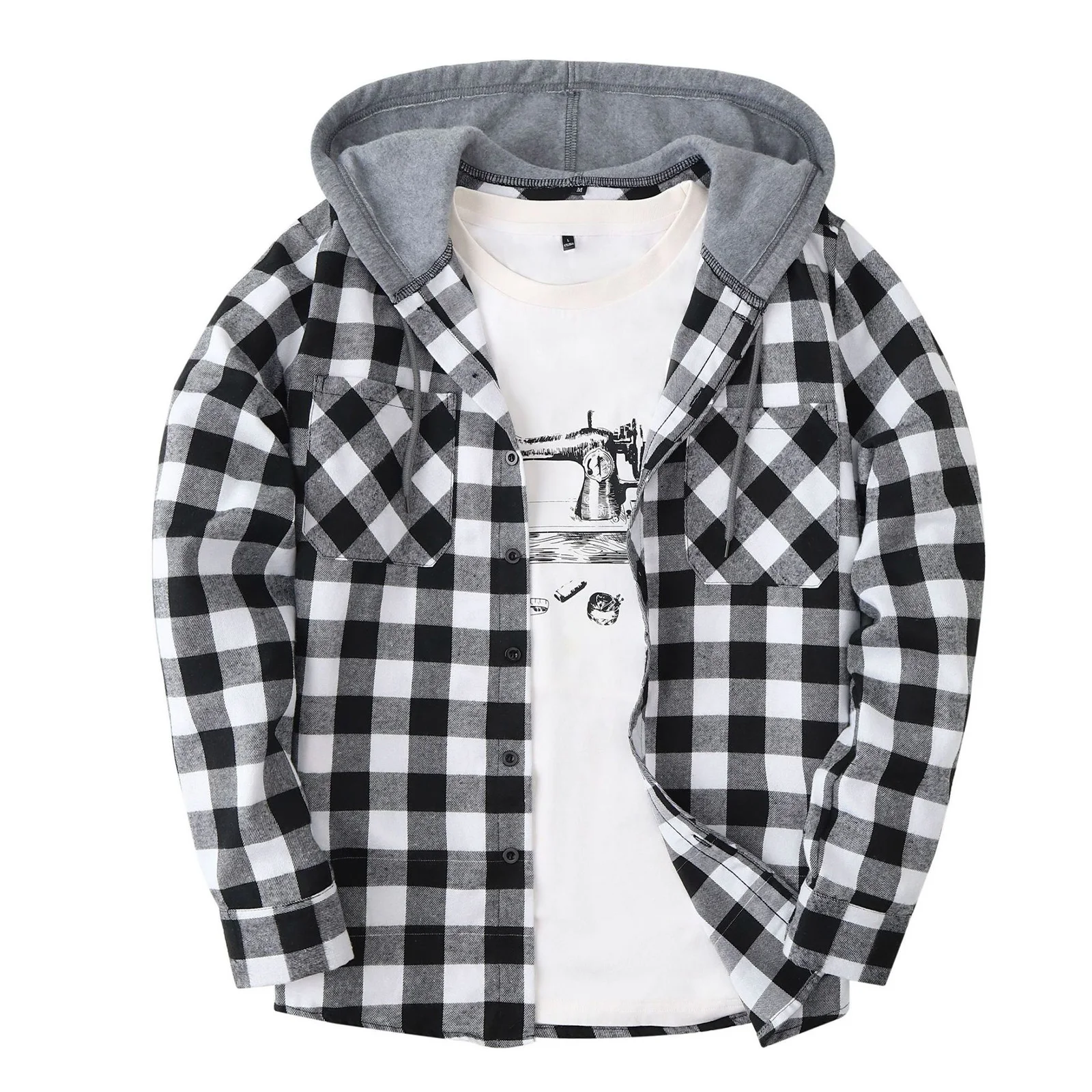 Men's Shirts Classic Plaid Casual Button Down Hooded Long Sleeved Double Pockets Shirt Hoodie Jacket Spring Autumn Sportswear