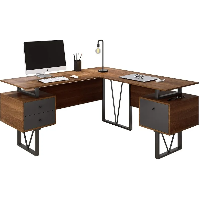 Techni Mobili Reversible Modern Versatile L Shaped Drawers and File Cabinet Home Office Desk, 59 W X 57.3 D X 30 H, Brown, Gr