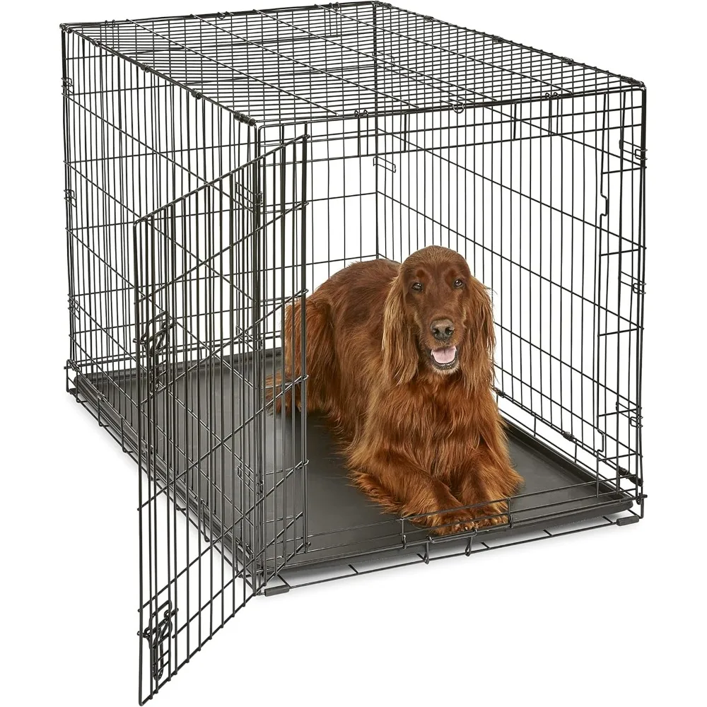 

42 inch folding dog crate for large breeds 70 to 90 pounds single door leak proof tray secure latch portable durable easy setup