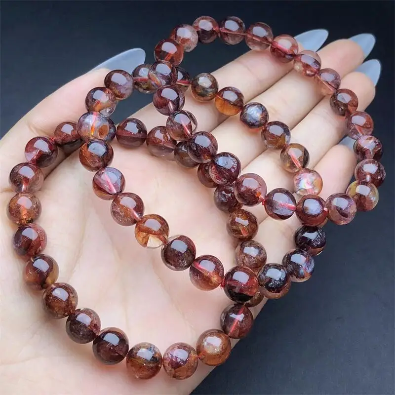 8MM Natural Red Fire Quartz Hematoid Bracelet Gemstone Healing Fengshui Round Beads Jewelry Couple Holiday Gift 1PCS 8/9MM