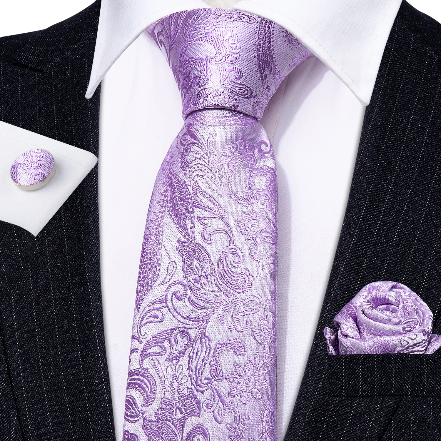 Corbata de diseñador para hombre, corbata de Jacquard, conjunto de gemelos cuadrados de bolsillo, lavanda, púrpura, Floral, regalo de fiesta de negocios de boda