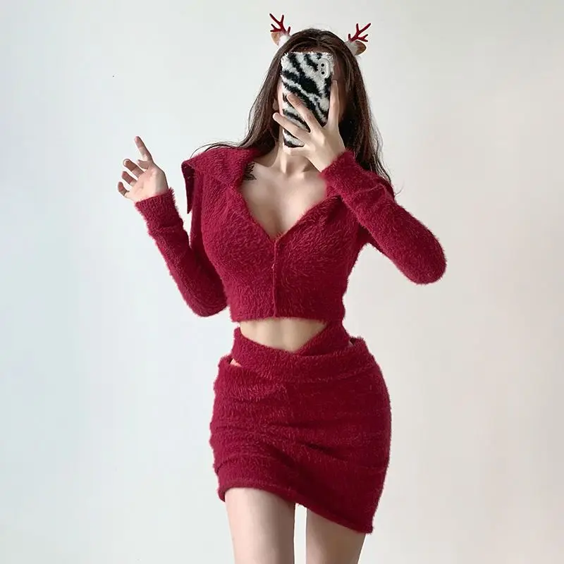 Skirt Suit New Christmas Imitation Mink Cardigan Coat + Hip Skirt Women Autumn Winter Pure Lust Elegant And Pretty Party Skirt