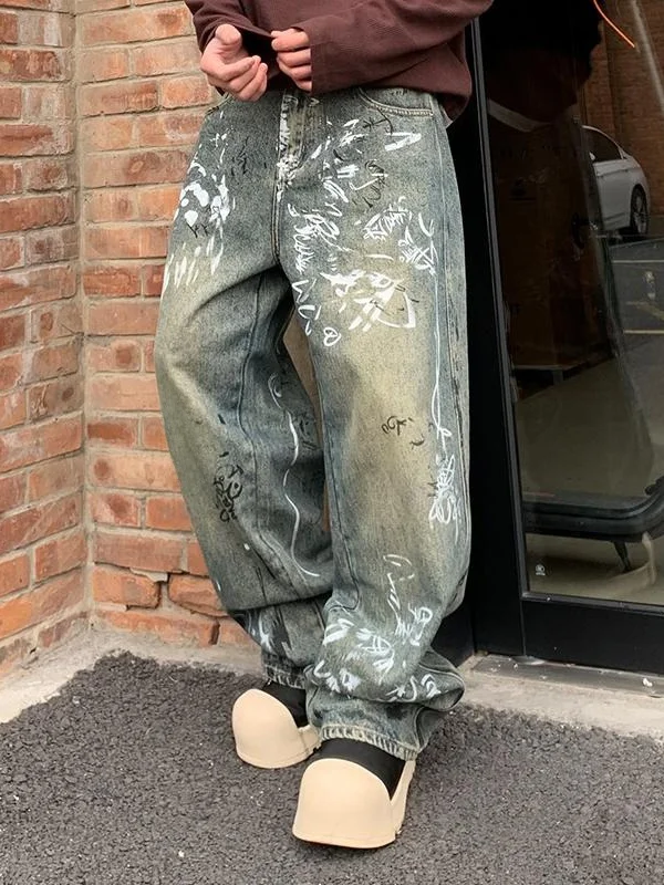 

Мужские джинсы в стиле ретро, ручная роспись, прямые, свободные, удлиненные, широкие штанины, в стиле фити-вейд