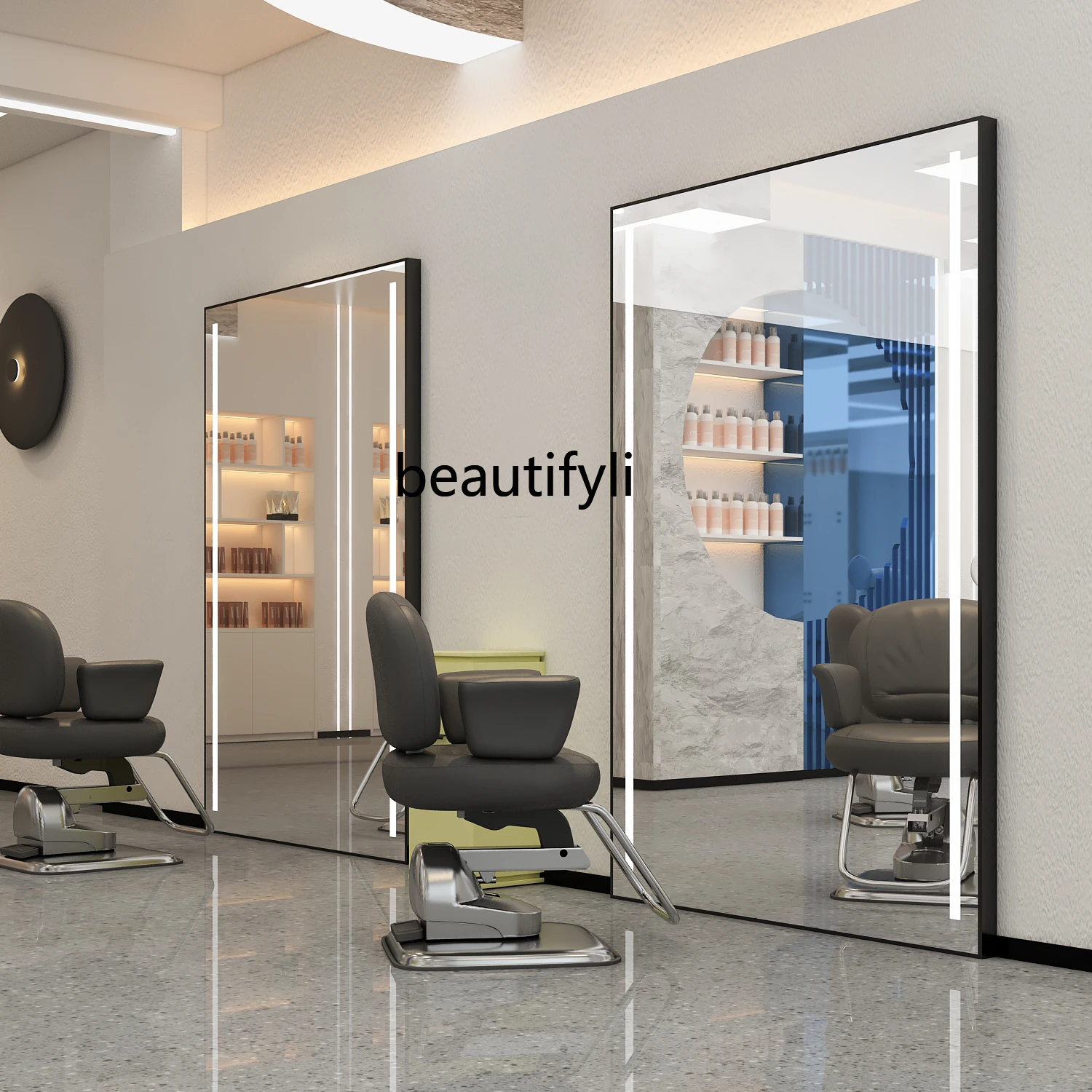 Barber Shop Single Double-Sided Mirror for Hair Salon Floor Mirror with Lamp with Cabinet Hair Cutting Mirror