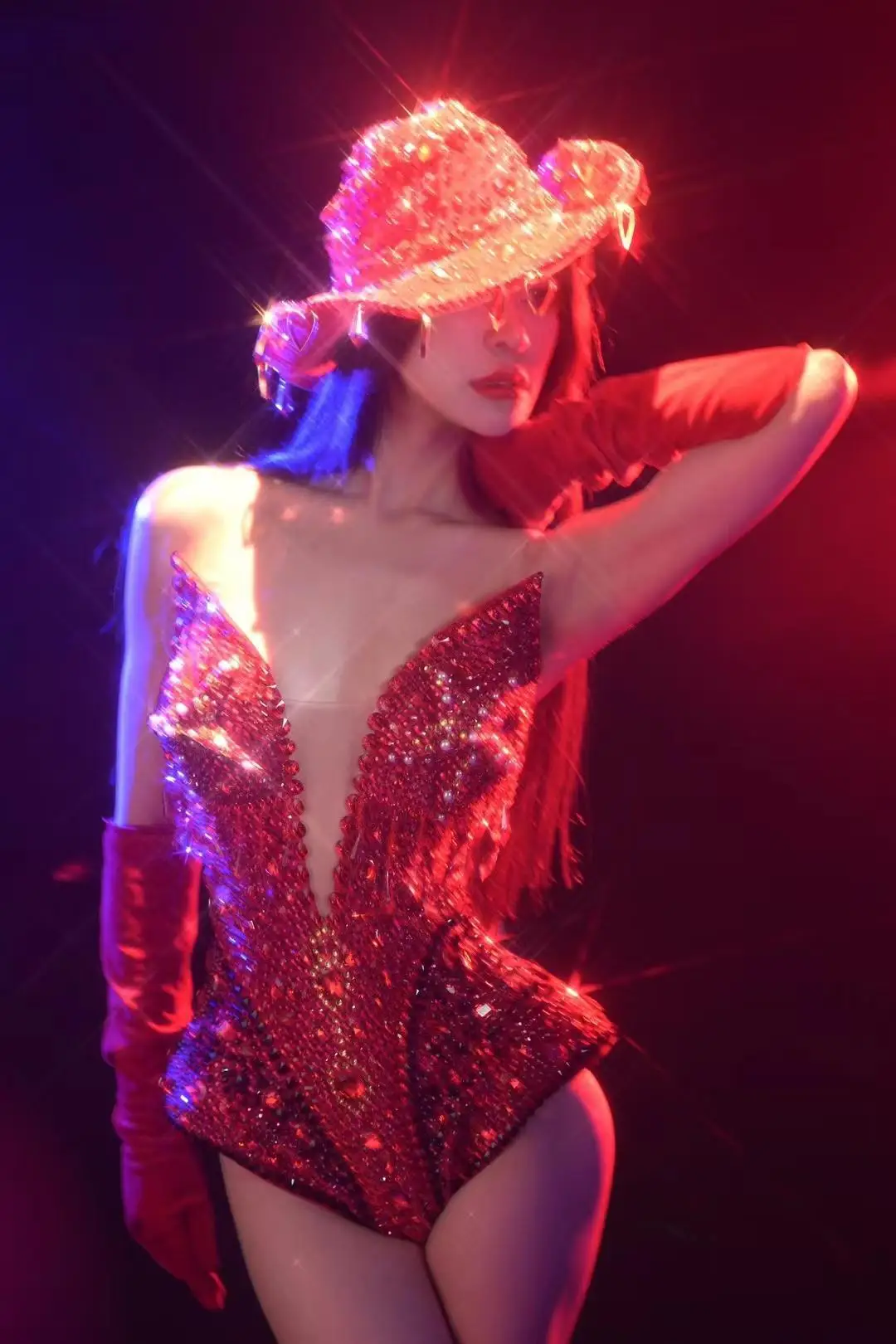 Cowboy Theme Party Bodysuit Gloves Hat 3Pieces Set Carnival Night Out Bar DJ Dance Wear Drag Queen Performer Bodysuit Qianwan