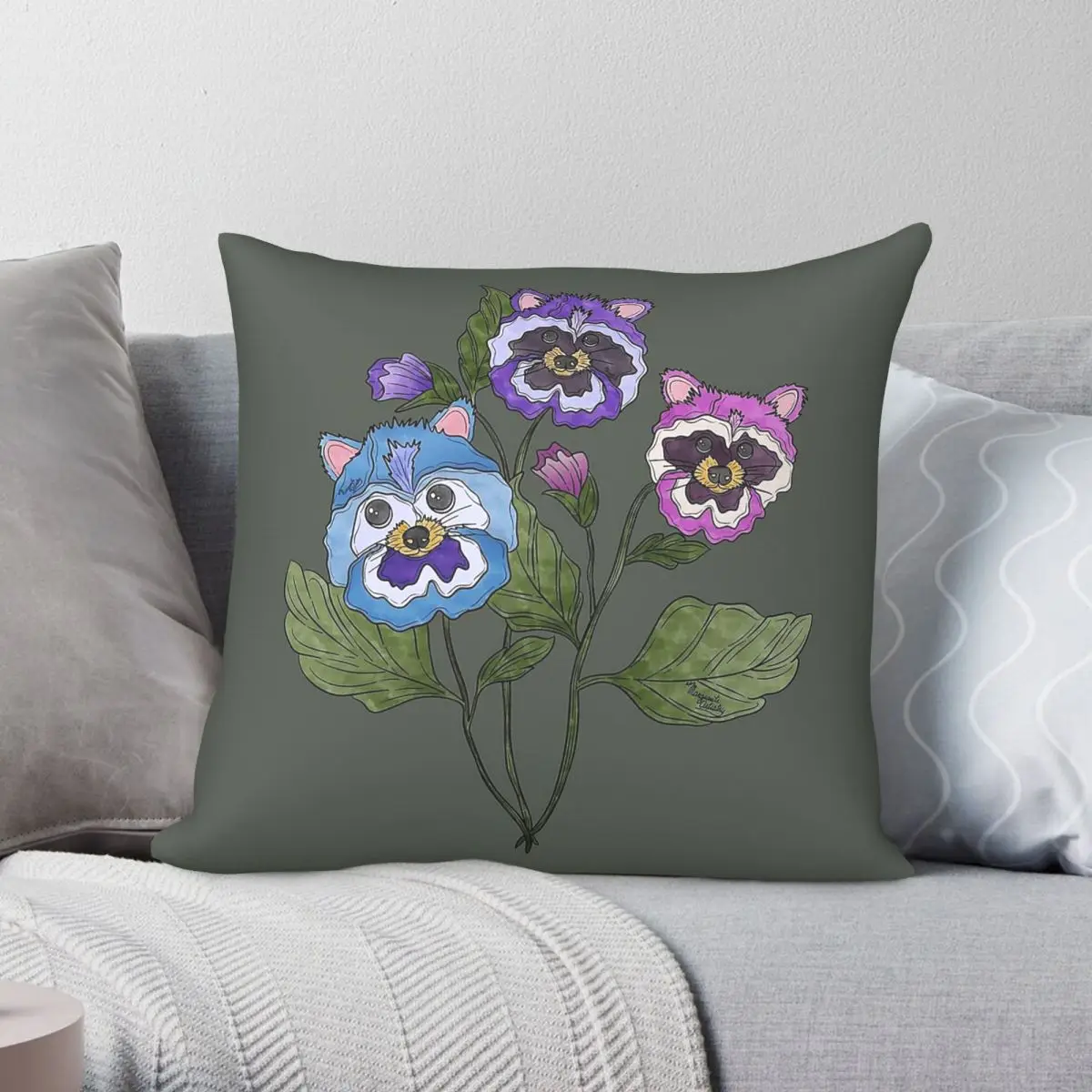 Pansies Raccoon Pansy Hybrid Square Pillowcase Polyester Linen Velvet Pattern Zip Decor Sofa Seater Cushion Cover