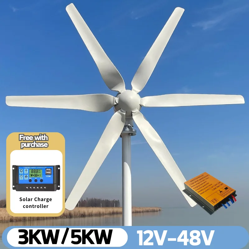 5000W Wind Turbine Generator Power 3000w 3 6Blades 12v 24v 48v With Mppt/Hybrid Charge Controller For Home Use