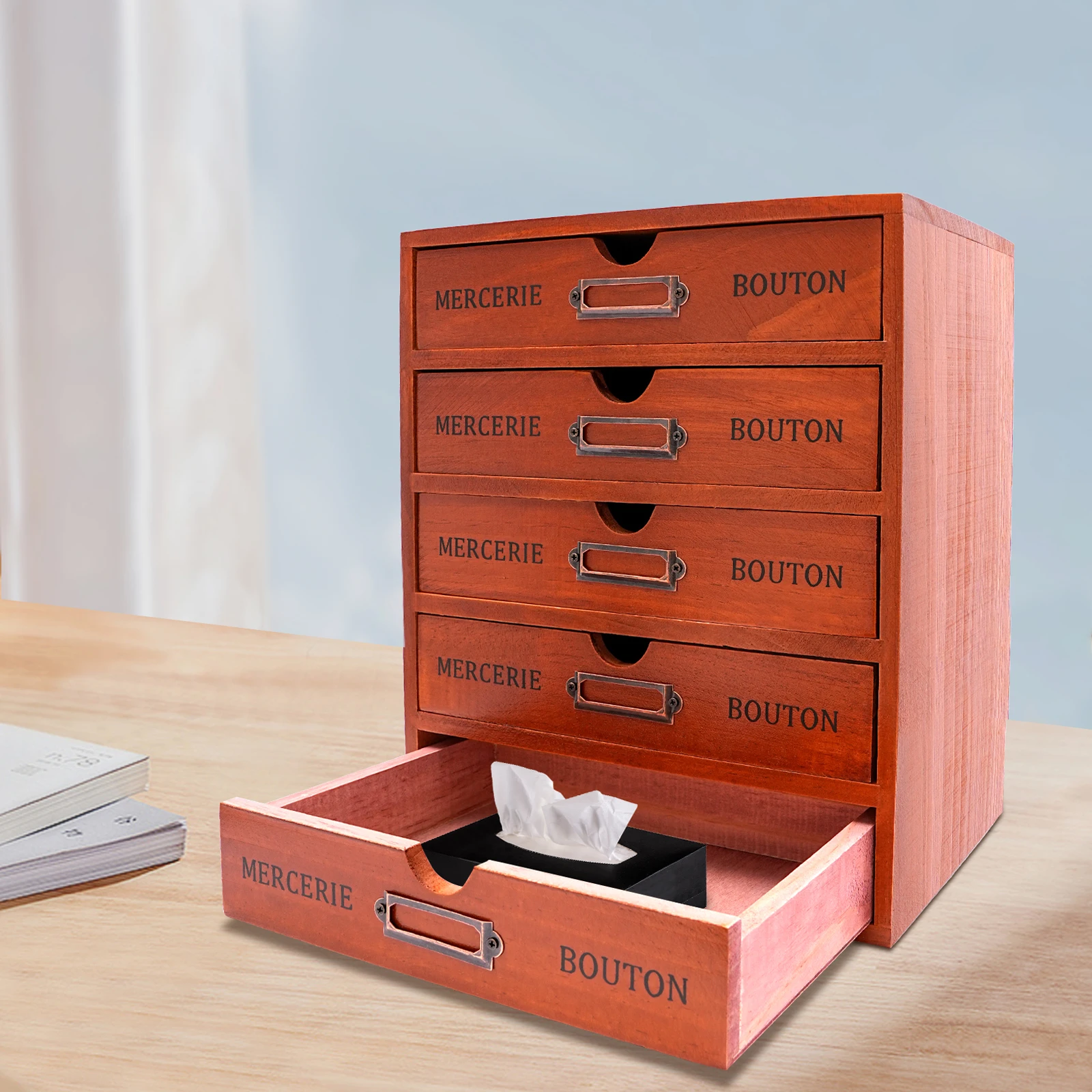 

Деревянный настольный органайзер с 5 ящиками, винтажный деревянный ящик для хранения с отделениями для этикеток, винтажный настольный органайзер для офисов, дома, школы