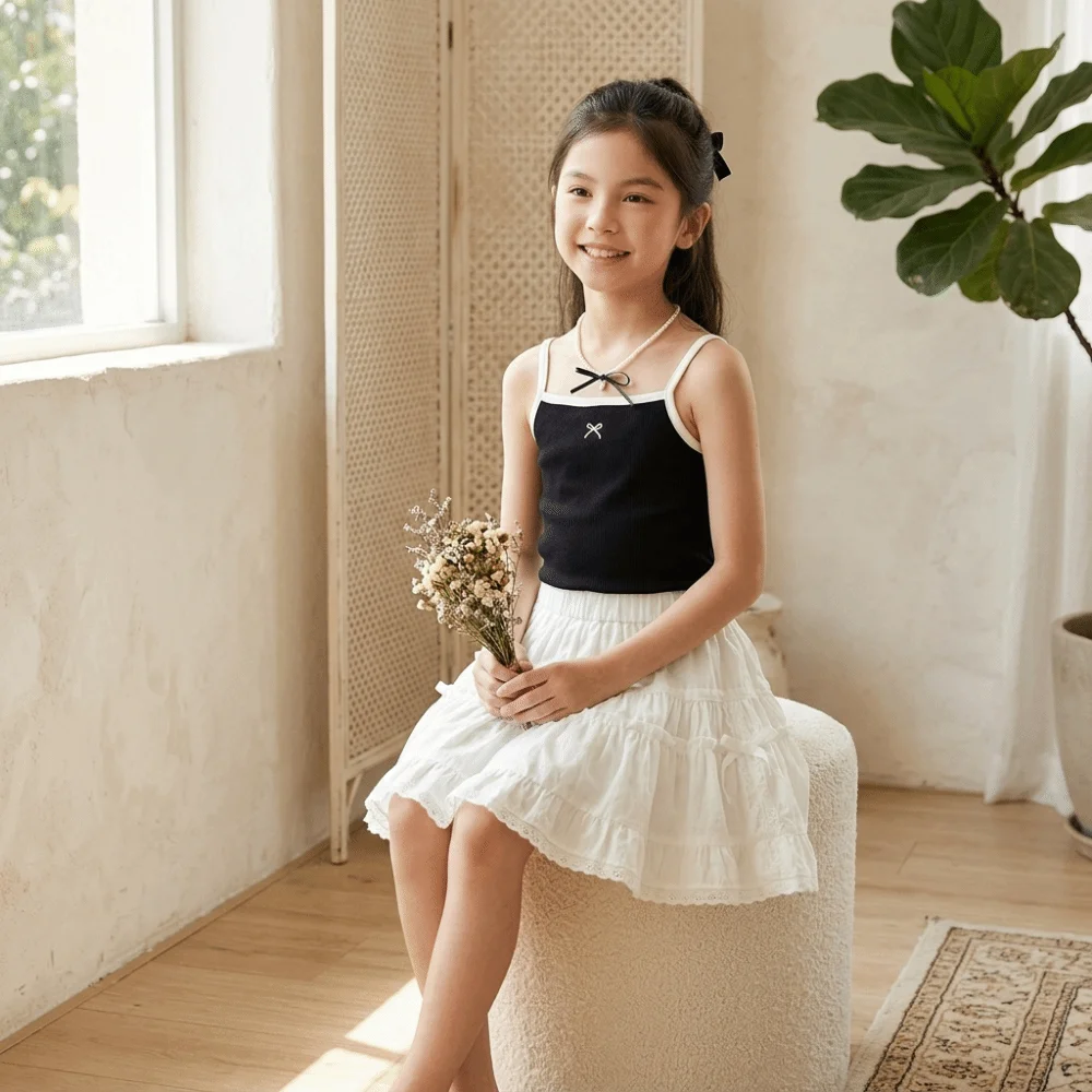 Ribbed Knit Girls Camisole Top Spaghetti Straps Bow Embroidery Tank Top Soft Fabric Round Neckline Cropped Vest Daily Outfit