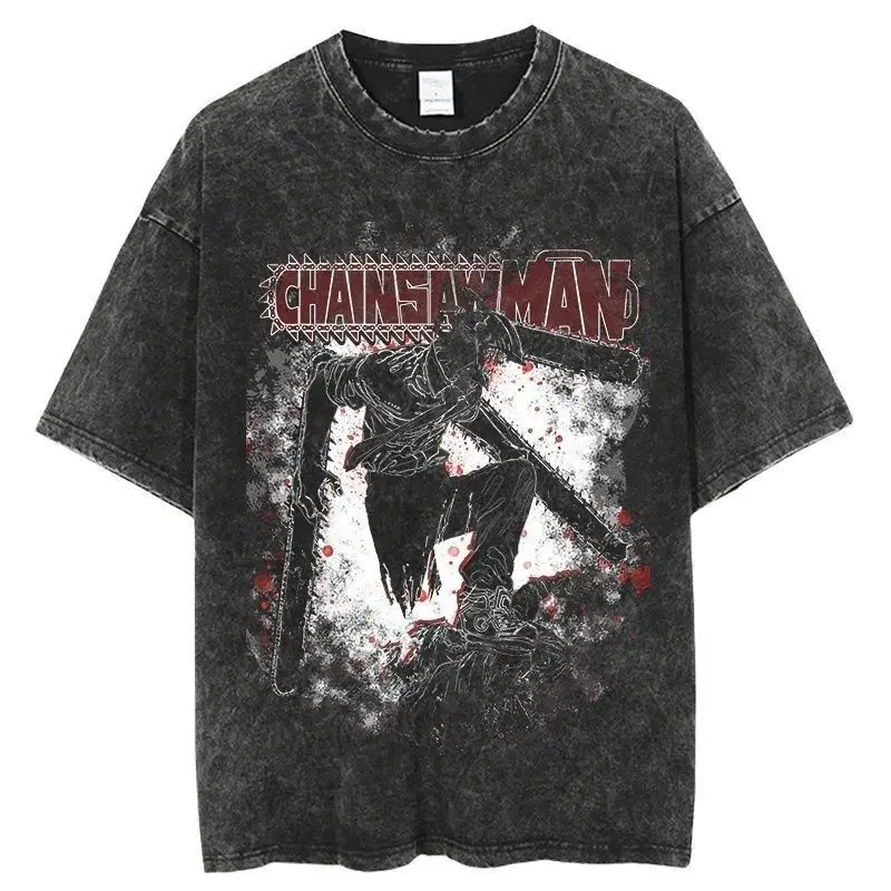 

Chainsaw Man Minimalist Washed T Shirt Vintage Cotton Logo Print Short Sleeve Tee Casual Loose Top for Men Women