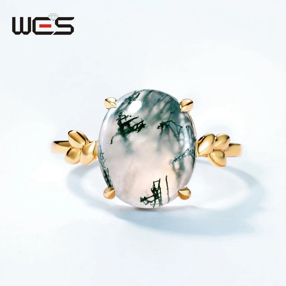 WES فريد البيضاوي 10*12 مللي متر العقيق الطحلب الطبيعي خواتم للمرأة 925 الفضة خمر غرامة مجوهرات مطلية بالذهب هدية الخطوبة بالجملة #5