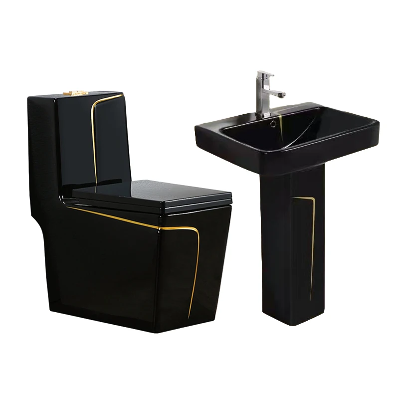 Modern Bathroom Sanitary Ware One Piece Rimless Flushing S-trap Wc Toilet and Basin Sink Ceramic Black Gold Toilet Bowl Set