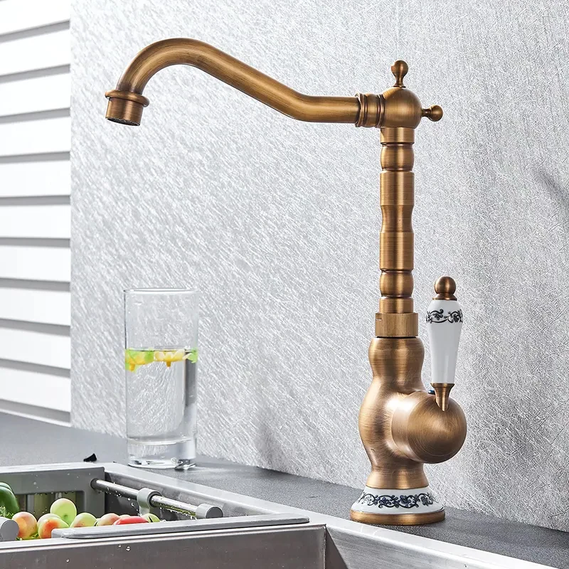 Antiek Messing Badkamer Aanrecht Kraan Dekmontage Warm en koud Kraan Vanity Sink Mengkranen Blauw en wit porseleinen handvat