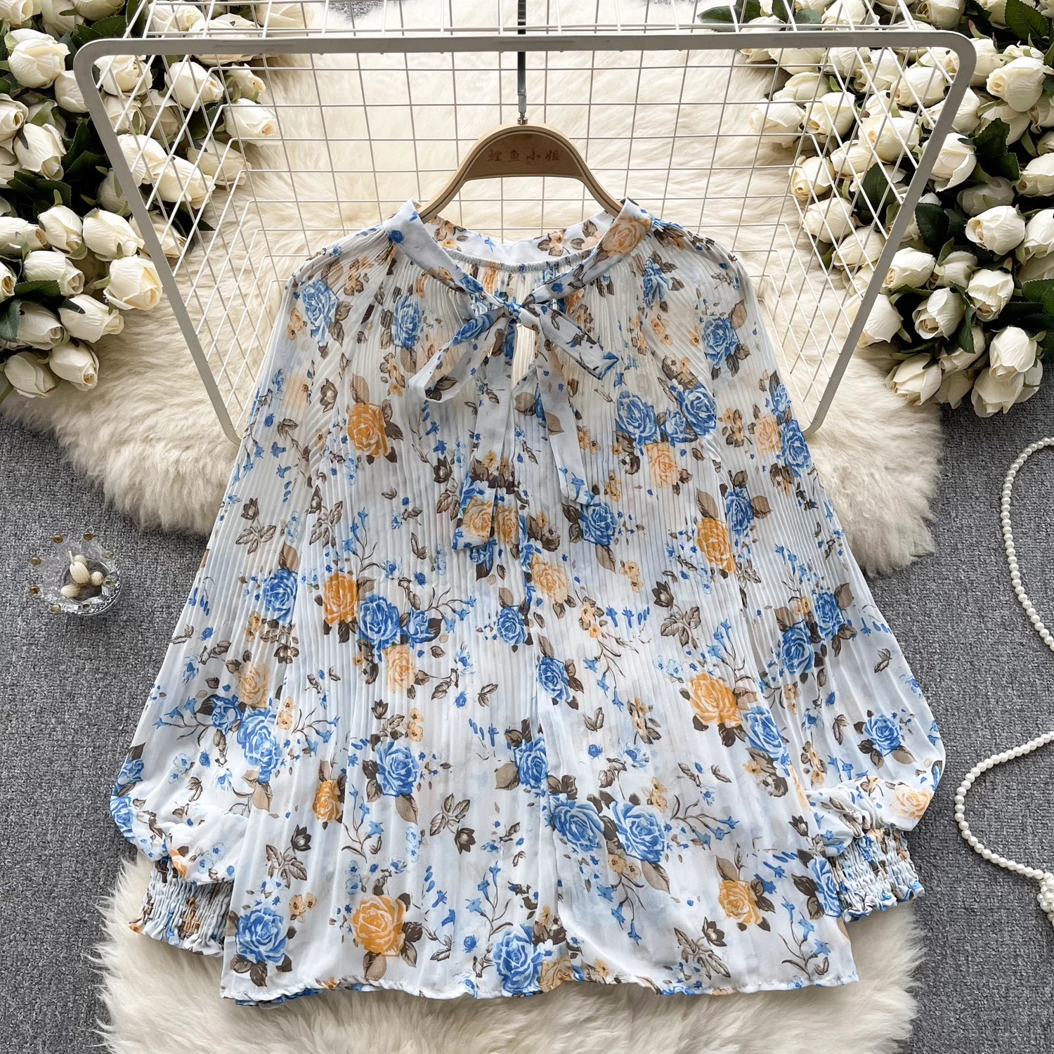 Chic Puff Long Sleeve Print Shirt Vintage Elegant Fashion Casual Blouse Women Bow Y2k Chiffon Summer Top New