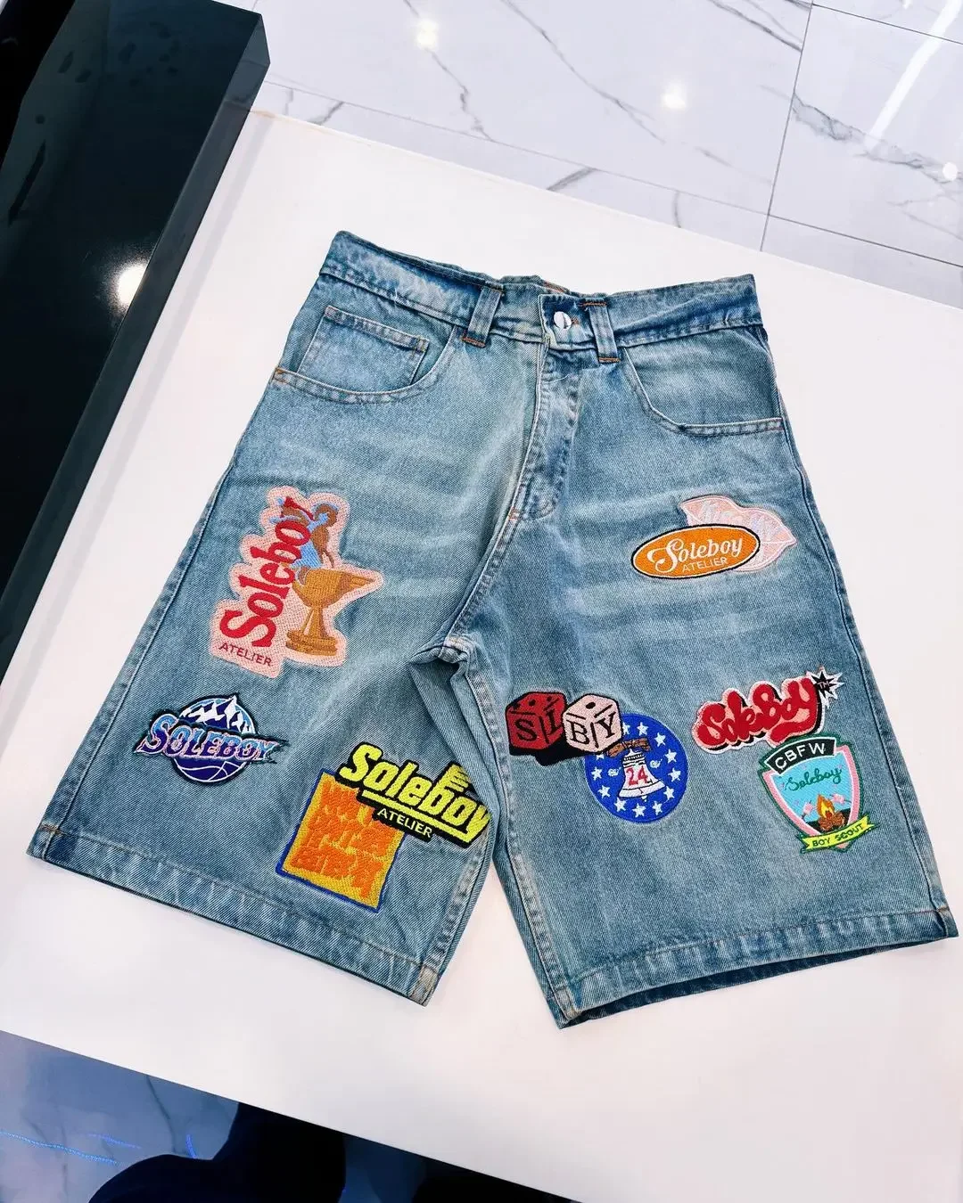 Vintage Streetwear Men Denim Shorts Washed Hip-hop Print Pattern Design Fit Summer Korean Version of The Trend of New Fashion