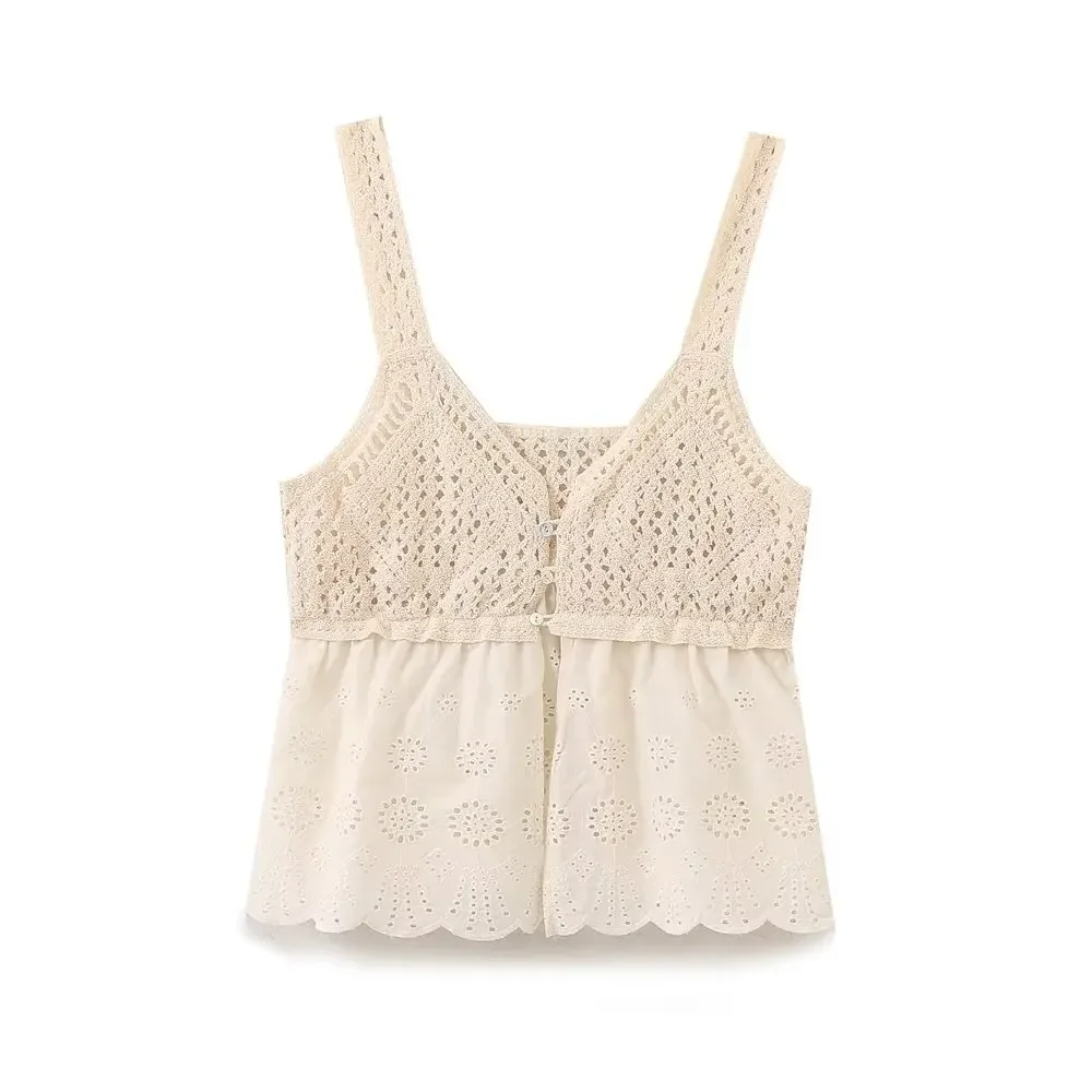 Women's 2024 New Fashion Openwork Embroidery Stitching Knit Short Vest Retro Off-the-shoulder Women's Suspender Vest Fashion Top