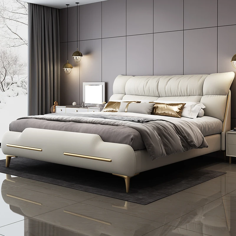 

Modern luxury master bedroom bed with down backrest king size 150x200cm Double bed frame Headboard lit 2 personnes furniture