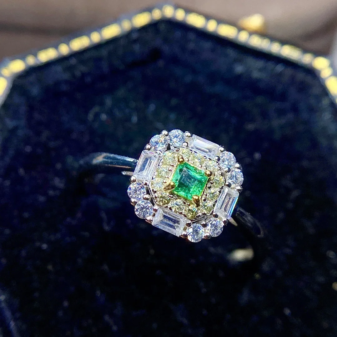 Natural Emerald Ring 3*3mm925 Sterling Silver Seiko Set Luxury Jewelry Designer