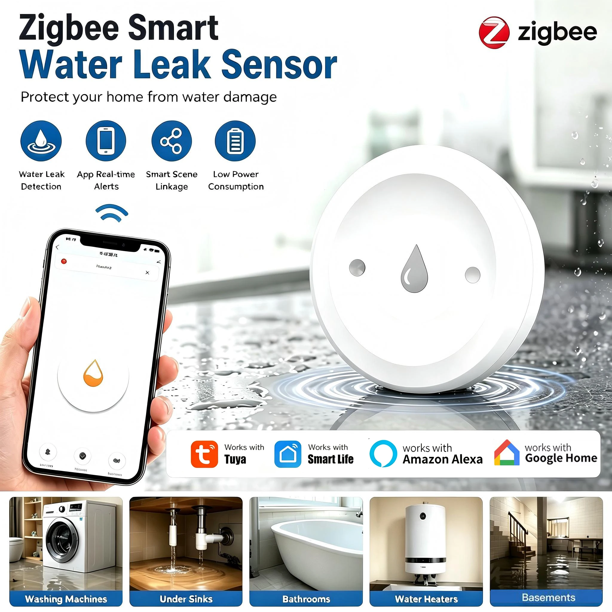 Zigbee Water Leakage Sensor Flood Overflow Security Detector APP Real-Time Remote Alert For Household Anti-Water-Leak Protection