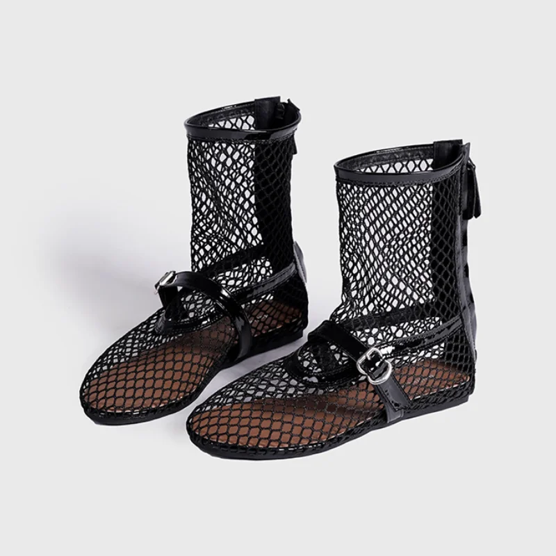2024 Women's New Mesh Roman Boots Sexy Short Boots Women's 2024 New Black Single Shoes Flat Shoes