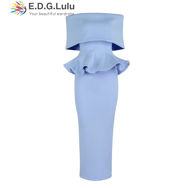 

EDGLuLu Woman 2 Piece Outfit Set Off Shoulder Short Sleeved Ruffled Top+High Waisted Midi A-Line Skirt Black White Blue Suit0601
