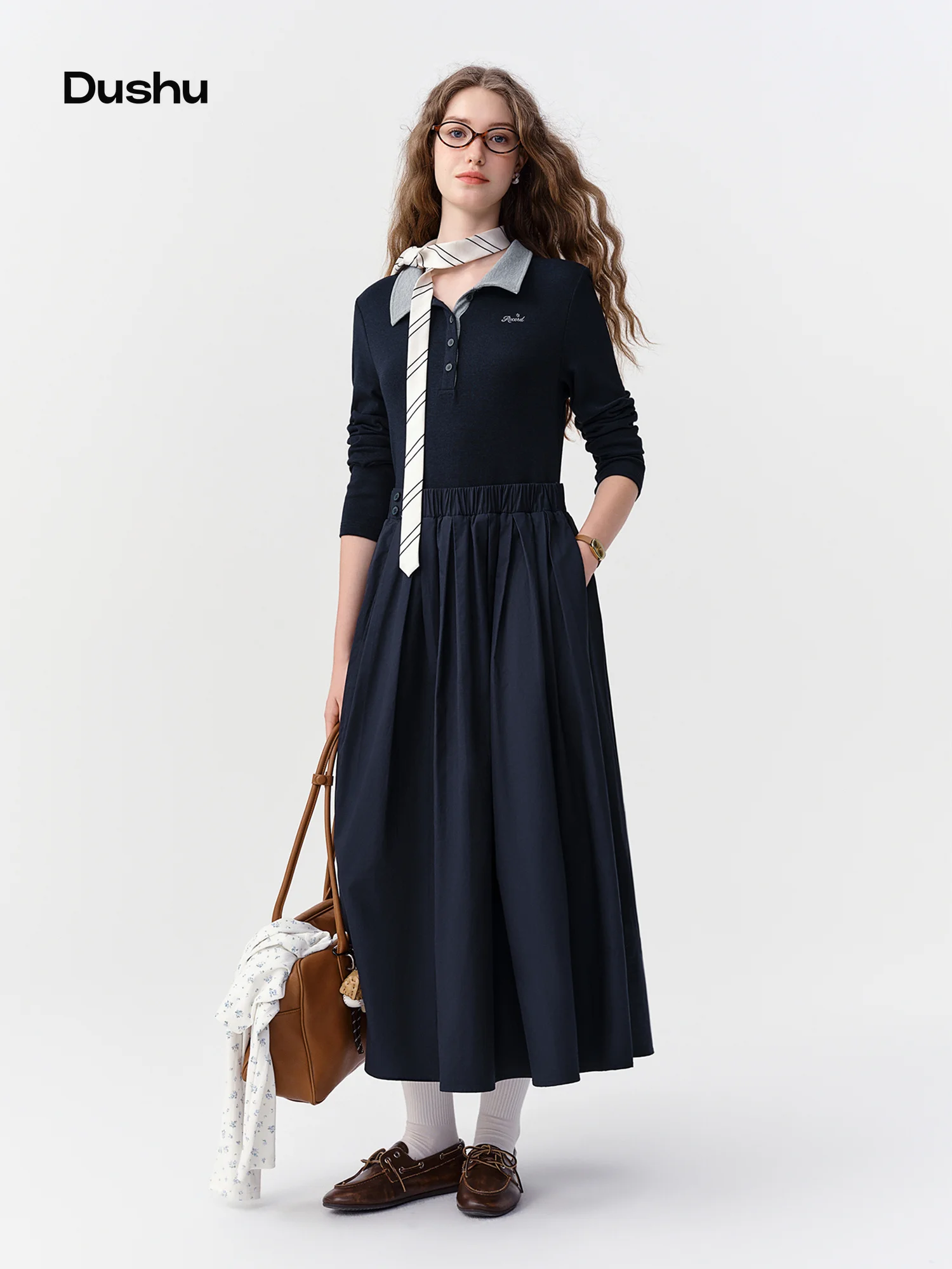 DUSHU 2026 Fall Women's Faux Two-Piece Knit Paneled Dress with Waist-Defining Fit - Chic Flattering Style for Daily Wear