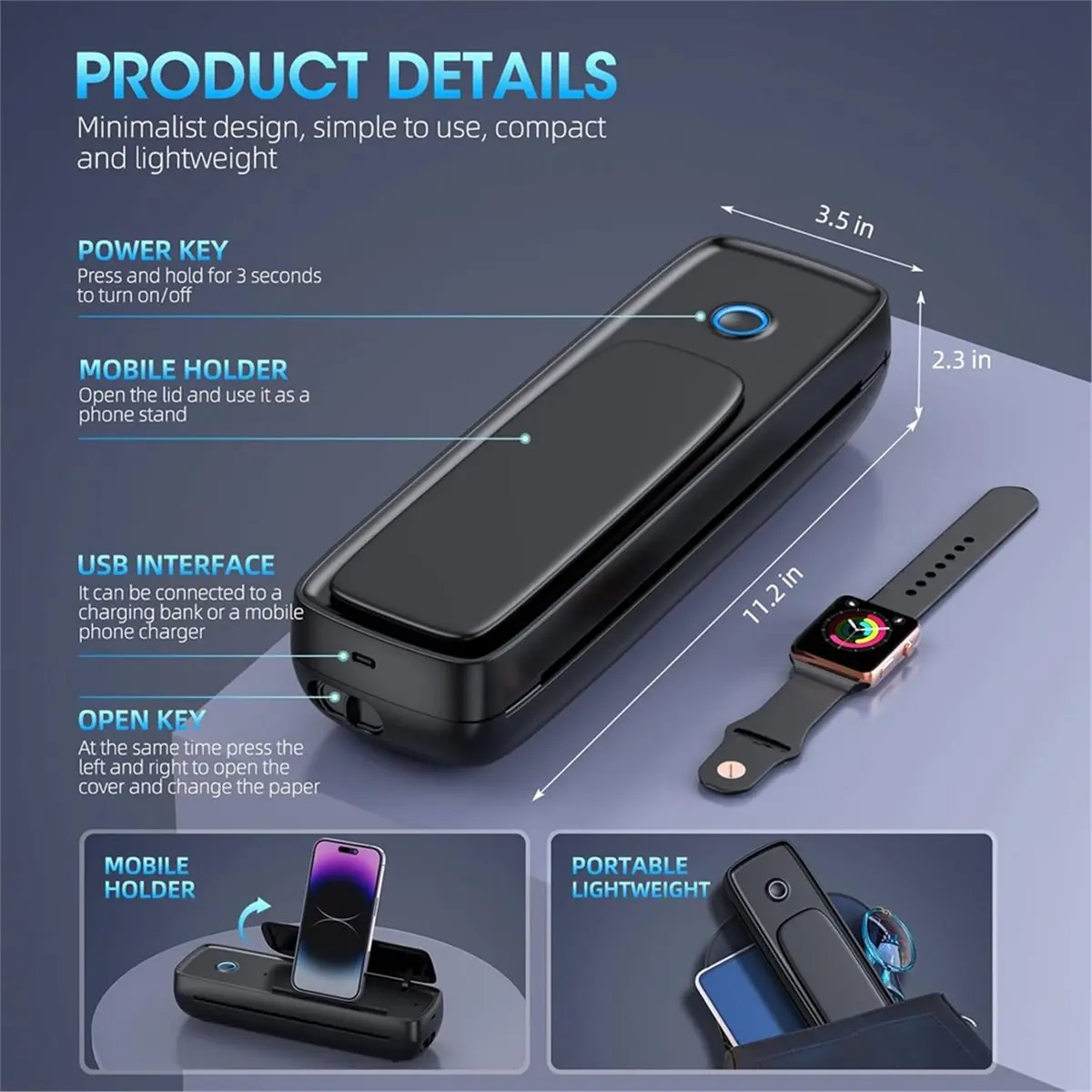 Portable Wireless Printer Bluetooth Thermal Printer Support A4&A5 Thermal Paper, Inkless Printer for Office Car Home