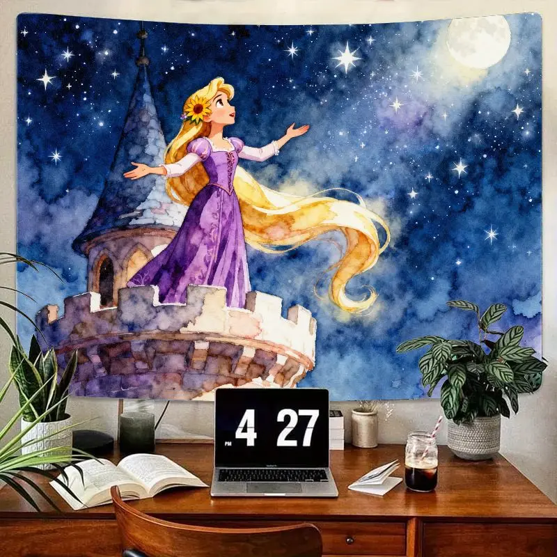 

1PC Princess Rapunzel Tapestry, Dreamy Starry Moon Night Wall Art, Fairy Tale Castle Watercolor Decor for Girls Bedroom, Aesthet