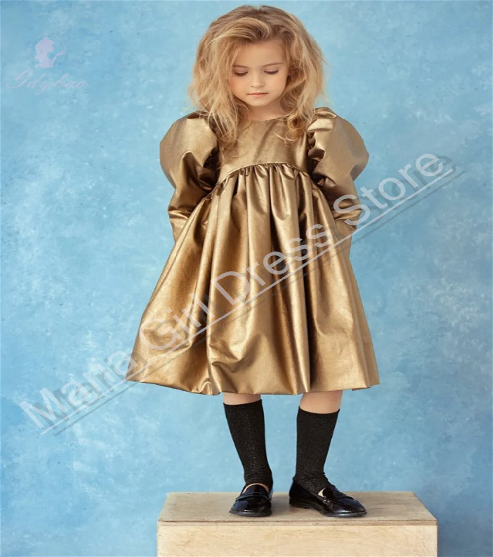 

Golden Beautiful Flower Girl Dress Long Sleeve Knee-Length Satin Custom Children's First Communion Banquet Dress