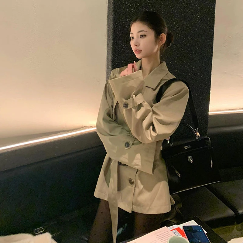 2024 Autumn Fashion Khaki Belted Trench Women New Lapel Long Sleeve Windbreaker Loose Jackets Vintage Casual Style Outerwear