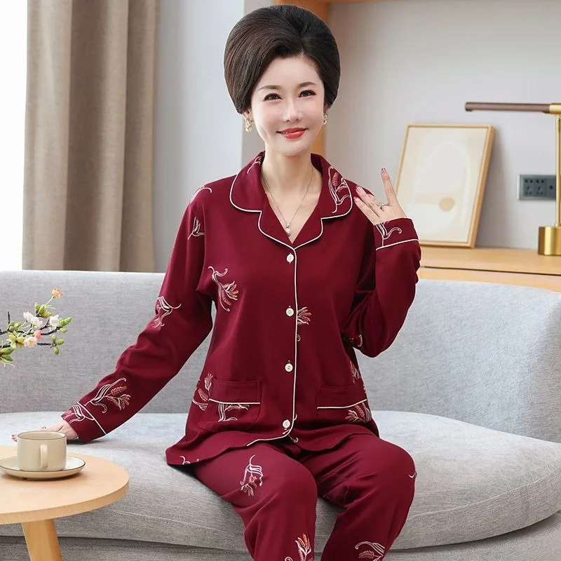 Latest Middle Age Elderly Pure Cotton Pajamas Women Spring Pyjamas Long Sleeve Large Size Sleepwear Set Loose Casual Nightdress