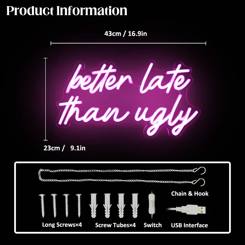 Better Late Than Ugly Neon LED Sign Pink Word Light Up Signs Beauty Room Letter Wall LED Bedroom Beauty Salon Wedding Bar Party