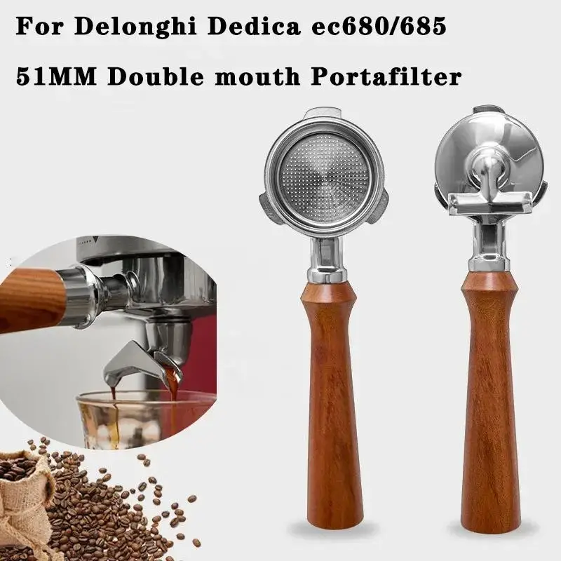 51mm Stainless Steel 3 Ears Portafilter for Delonghi Dedica Ec680/685 Coffee Machine Double Mouth Split Coffee Handle Utensils