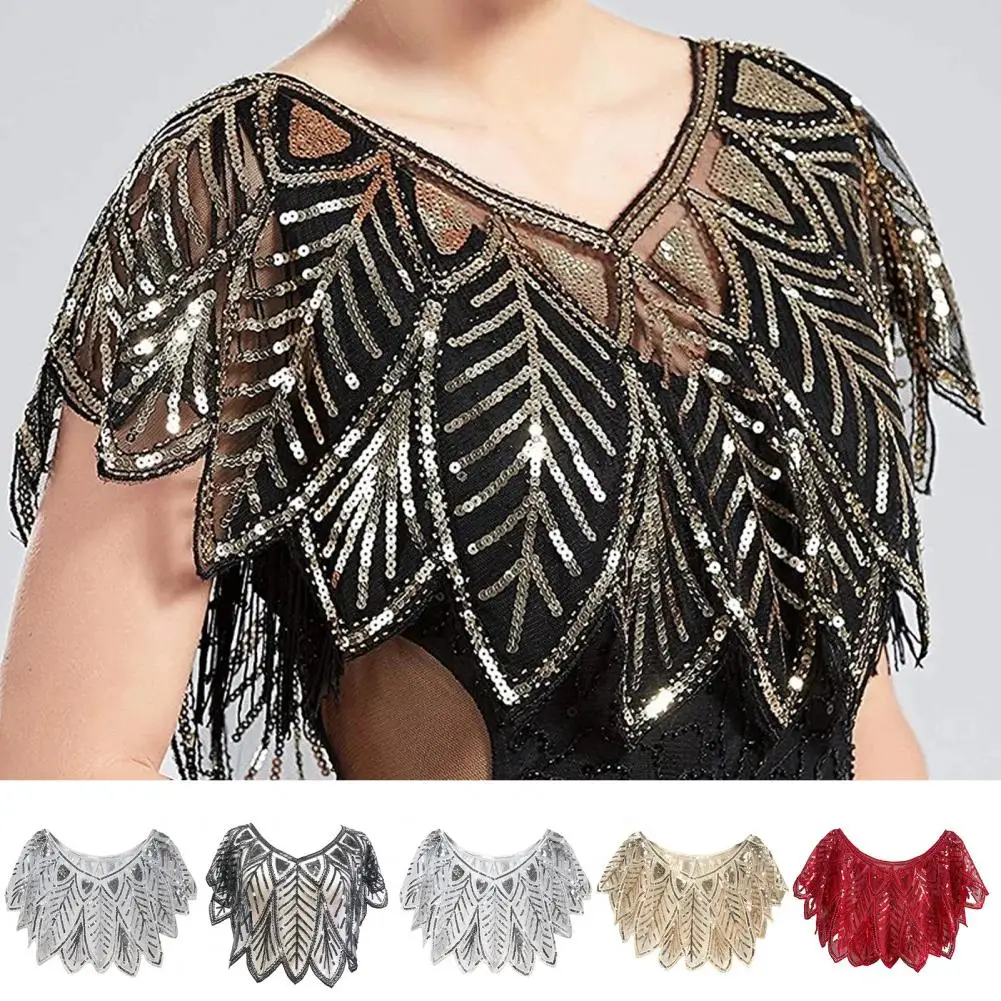 Women 1920s Evening Shawl Elegant Embroidered Beaded Capelet for Women Sparkling Sequin Party Shawl V Neck Gauze Summer Coat