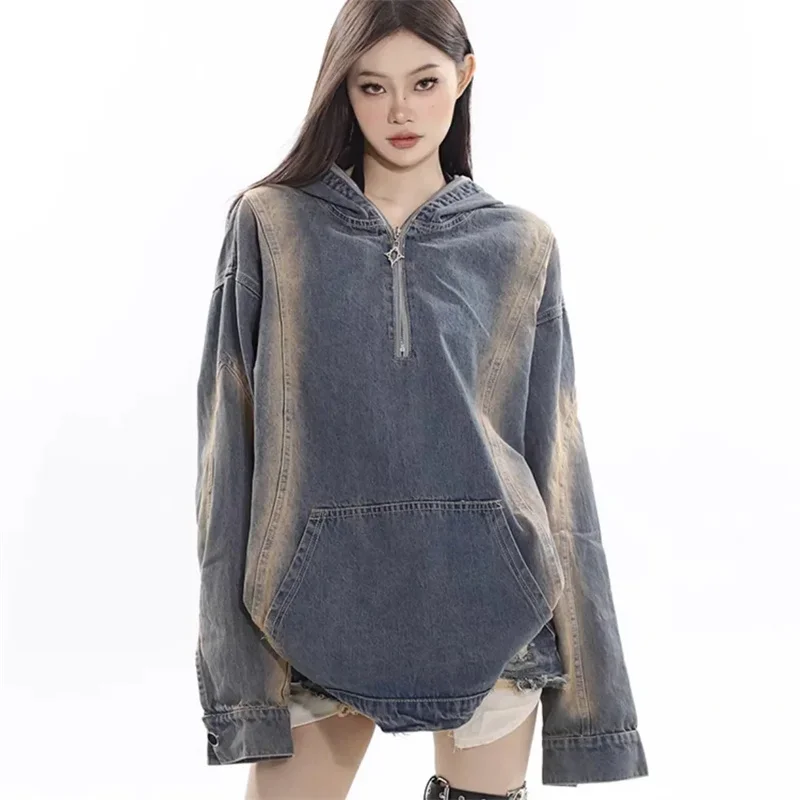 Spring Autumn Denim Hoodie Fashion Loose Zipper Hooded Tops Long Sleeve Big Pocket Gradient Color Cowgirl Hoodies Coat Female