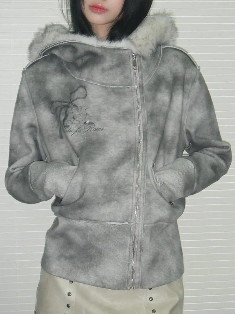 

Y2k американская винтажная куртка с длинными рукавами из искусственного меха с воротником женская повседневная уличная одежда толстовка на молнии субкультура Harajuku осенний топ