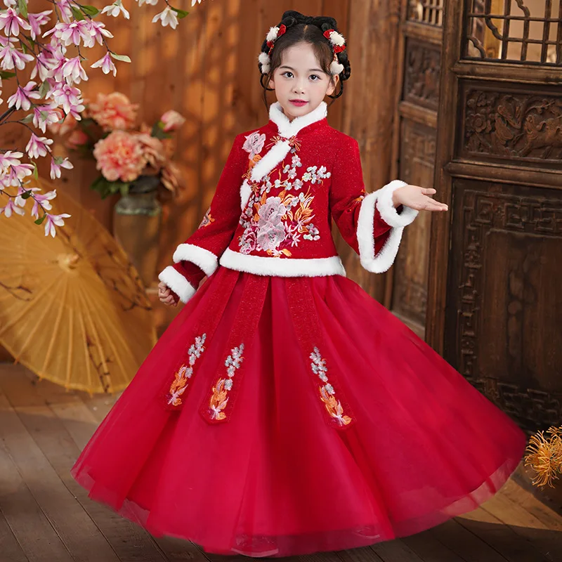 

Girls' Winter Hanfu Skirt New Children's Thickened Ancient Tang Dynasty Year's Eve Dress Little Girl Chinese Style Red Suit